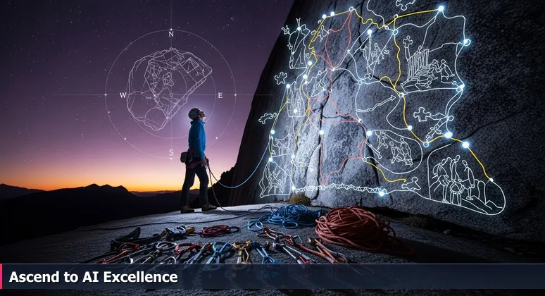 A climber at the base of Pikes Peak with climbing gear, looking up at the mountain route, symbolizing the start of an AI career in Colorado Springs in 2026