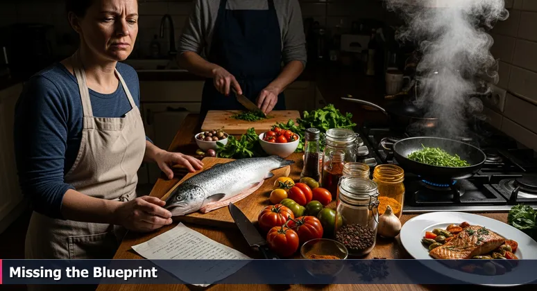 A frustrated cook in a messy kitchen surrounded by unused ingredients like salmon and spices, staring at a confusing recipe card, symbolizing AI learning challenges in Colorado Springs.