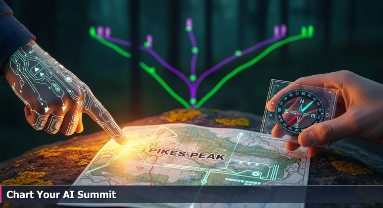 A close-up of a weathered topographical map of Pikes Peak with hands pointing to trails and holding a compass, symbolizing AI career navigation in Colorado Springs.