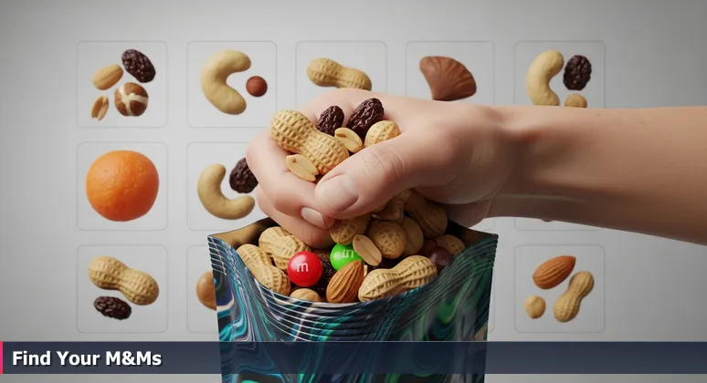 A hand reaching into a bag of trail mix labeled 'Perfectly Balanced', pulling out a handful skewed with mostly peanuts, symbolizing the gap between ideal career lists and personal reality in AI job hunting.