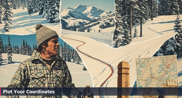 A skier at a Colorado trailhead examines signs for tech career paths: apprenticeship, internship, and entry-level job in the snowy mountains.