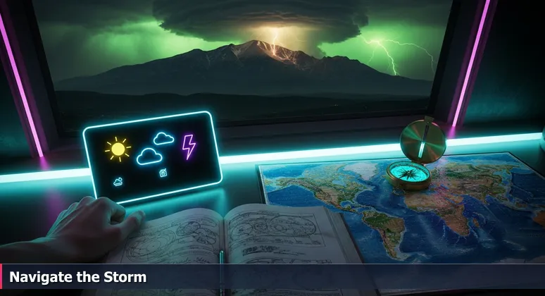 A person comparing a simple weather display to the stormy sky over Pikes Peak, illustrating the complex cybersecurity job market in Colorado Springs.