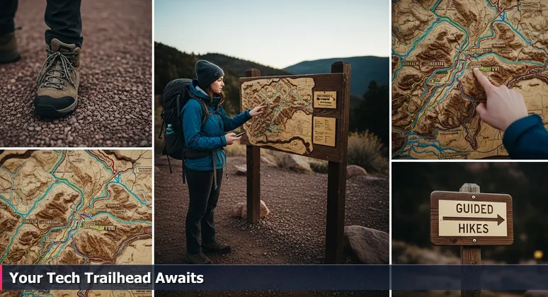 A person at a Colorado Springs trailhead looking at a detailed wooden map, symbolizing the start of a free tech training journey.