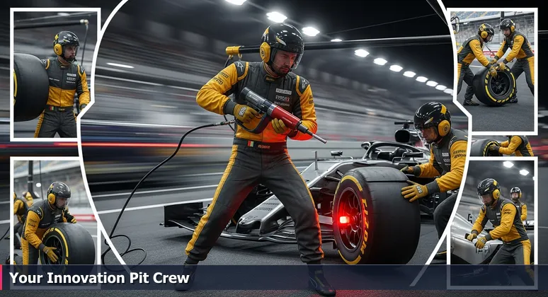 A Formula 1 pit crew in action during a tire change, symbolizing the high-stakes, specialized support of Colorado Springs' tech coworking spaces for innovation.