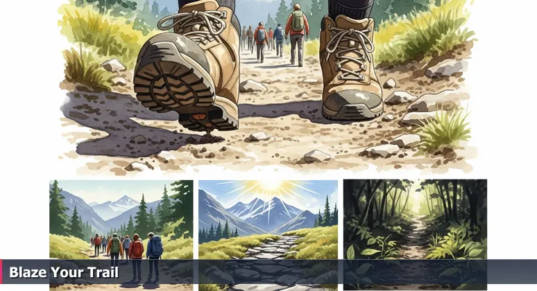 A hiker stepping off the crowded Barr Trail onto a less-traveled path with Pikes Peak summit in background, symbolizing no-degree tech career paths in Colorado Springs.