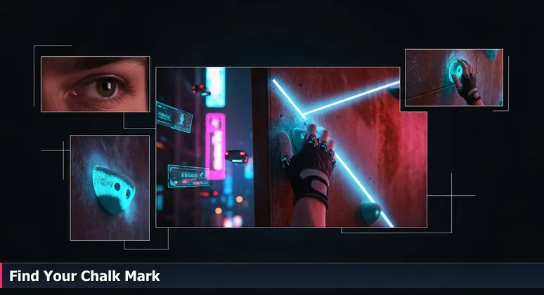 Close-up of a woman's chalk-covered hands gripping a rust-colored rock in Garden of the Gods, with a white chalk mark from a previous climber.