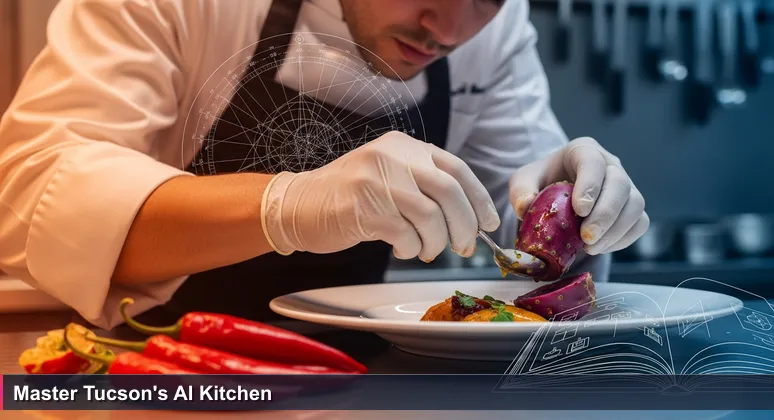 Chef's hands preparing a dish with Tucson's local chilies and prickly pear, symbolizing the integration of AI skills into the city's defense and aerospace industries.