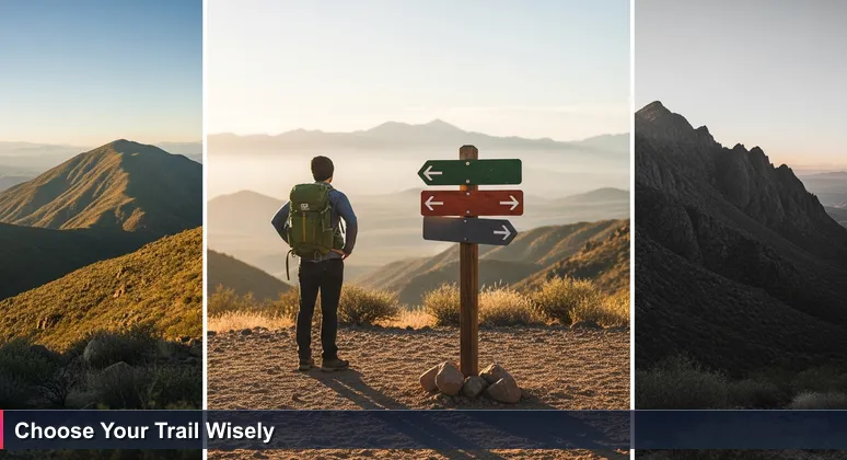 A hiker at a trail junction in the Santa Catalina Mountains at sunrise, contemplating a wooden signpost with peak names and elevations, symbolizing career choices in Tucson's tech industry.