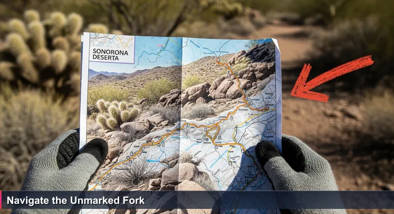 A worn Sonoran Desert trail map held in gloved hands, showing a printed route but with an unmarked fork in the desert path ahead, symbolizing the need for local AI career navigation.