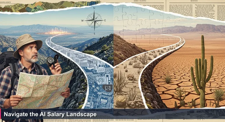 A hiker at a trail fork in the Catalina Mountains, holding a map and compass, with paths leading to Tucson's skyline and desert, symbolizing AI career choices in 2026.