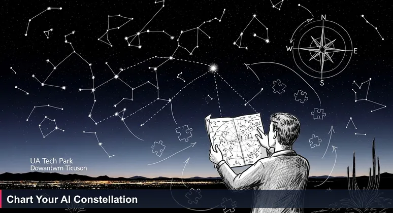 A person in the Sonoran Desert at night holds a star chart, pointing to a star while gazing at the constellation above, with Tucson's city lights glowing on the horizon.