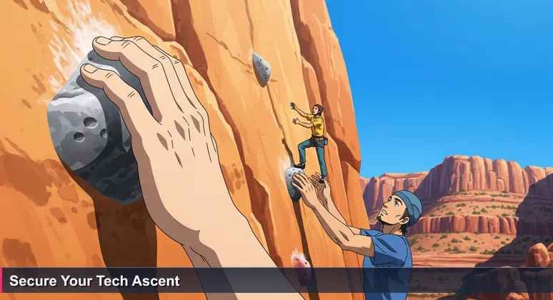 A chalk-dusted hand reaching for a secure hold on a rocky Tucson canyon wall, symbolizing guided career ascent in tech with mentorship.