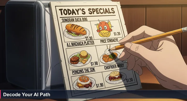 A weathered diner menu in Tucson with AI-themed dishes like Sonoran Data Dog, symbolizing the choice of tech bootcamps for 2026.