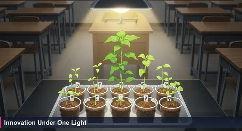 Ten labeled cups with green seedlings under a single grow light in a Tucson classroom, symbolizing the collaborative growth of AI startups.