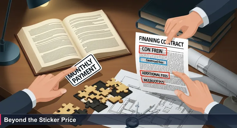 Illustration of a hand pointing at a low monthly payment on a car sticker, with another hand flipping through a contract revealing hidden fees, symbolizing Tucson's true affordability beyond the sticker price for tech workers.