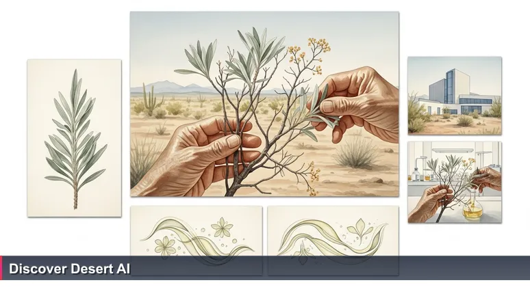 Weathered hands holding creosote branches in the Sonoran Desert with a modern laboratory in the background, symbolizing hidden AI opportunities in Tucson's industries.