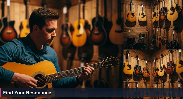 A musician in a vintage Tucson guitar shop plucks a guitar string with eyes closed, symbolizing the intuitive search for the right tech coworking space that resonates with your career.