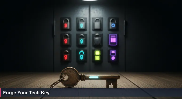 A worn master key on a wooden table, symbolizing skills unlocking various tech job opportunities in Tucson's 2026 market, with blurred locks in the background.