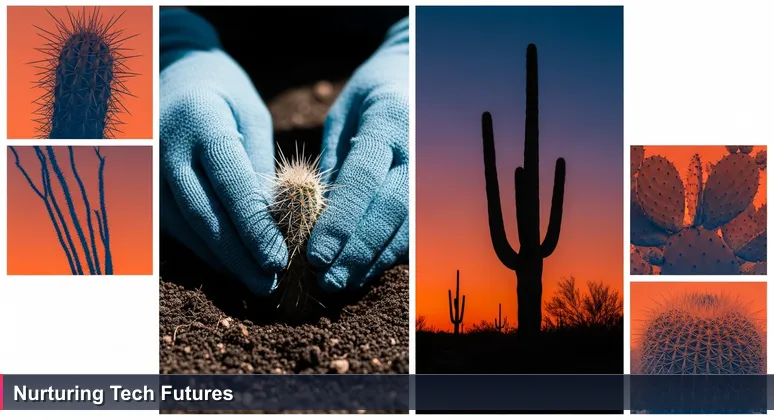 Hands carefully transplanting a young saguaro cactus beside a mature one in the Tucson desert at dusk, symbolizing support and growth for women in tech.