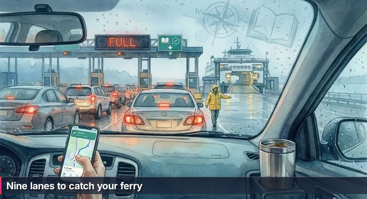 Person in raincoat at a rainy ferry terminal holding documents and a laptop, speaking with a deckhand while cars wait to board a ferry.