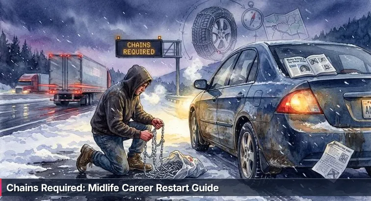 Person in their 40s kneeling beside a car at a snowy mountain pass, looking at a laptop and paperwork with a focused, determined expression.