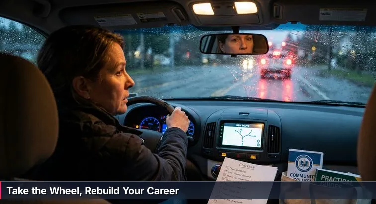 A determined woman driving at night in rainy weather, hands on the steering wheel, dashboard lights glowing and blurred city lights visible through the wet windshield.
