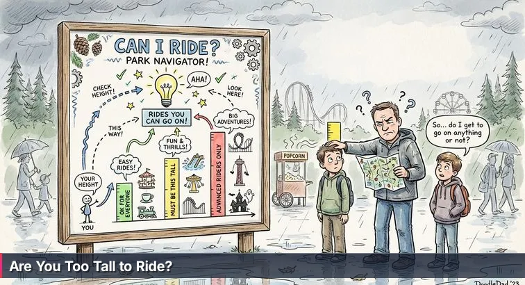 An anxious-looking adult at an amusement-park entrance studies a large vertical height-chart-style display with three colored bars while holding paperwork; a child tugs their sleeve.