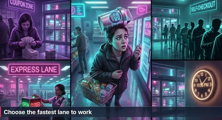 A worried adult holds a melting ice cream in a full grocery basket, scanning several checkout lines under bright store lights.