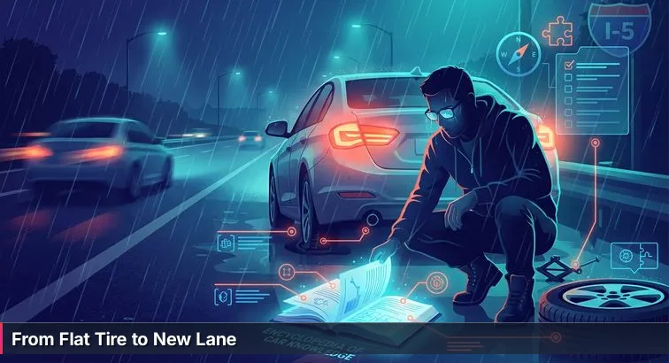 Person on a rainy roadside opening a car trunk with a visible spare tire and a laptop, hazard lights blinking; mood is concerned but hopeful.