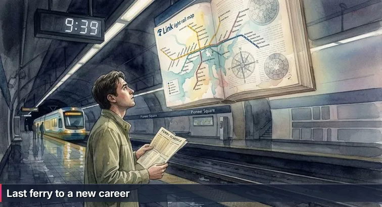 Person at a kitchen table with laptop showing a glowing transit-style map, layoff papers, phone, and coffee - focused, decisive expression.