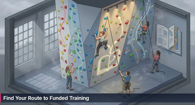 A worried person at a kitchen table reviewing tax forms and a laptop, surrounded by 1099s and app earnings summaries, while a colorful climbing wall image on the screen symbolizes training pathways.