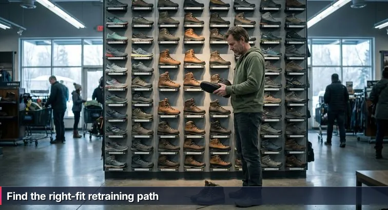 Wall of hiking boots on display with a folded trail map and a laptop on a wooden counter in soft warm light.