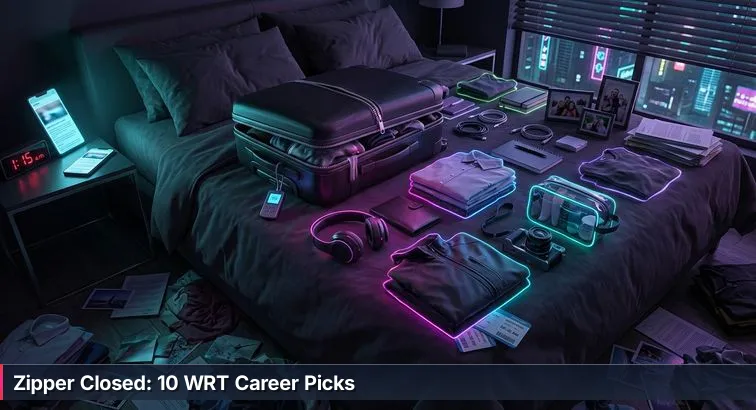 Open, overstuffed suitcase on a bedroom bed at night with healthcare training brochures, a glowing phone, and a coffee cup; hands packing a brochure.