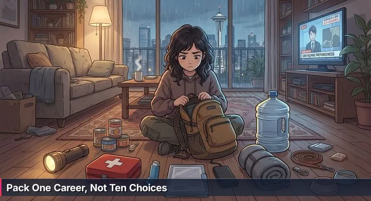 Person packing a half-loaded backpack on a living room floor with a layoff notice and laptop nearby; rain streaks visible outside the window.