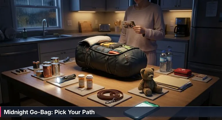 Late-night kitchen table with an open go-bag, scattered family items (stuffed toy, inhaler, dog leash), an envelope, and a softly glowing laptop; warm lamp light and a mug suggest quiet urgency and hope.