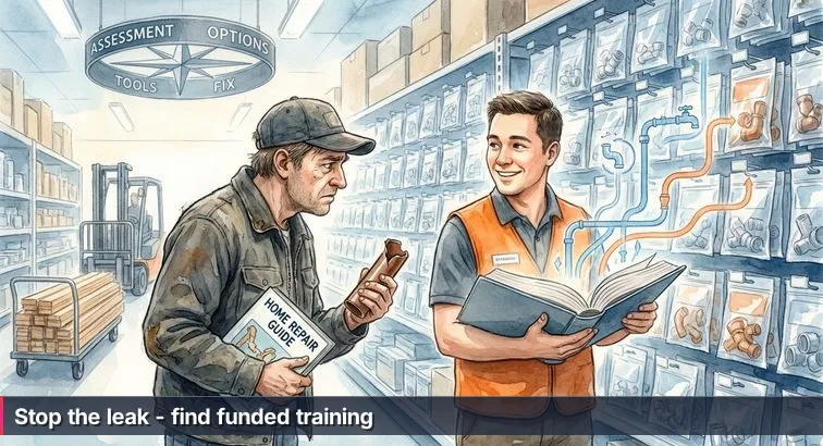 Person in a hardware-store aisle holding a cracked pipe, looking worried but attentive, plumbing shelves blurred behind them.