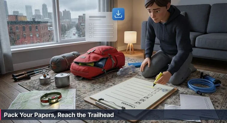 Person at a kitchen table organizing documents and a printed checklist, laptop open, coffee mug, and a neat stack of folders.