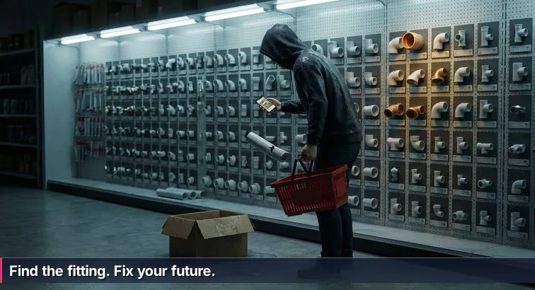 Person in a hardware store aisle holding a cracked pipe while a store employee in a high-visibility vest points toward shelves, showing concern and guidance.