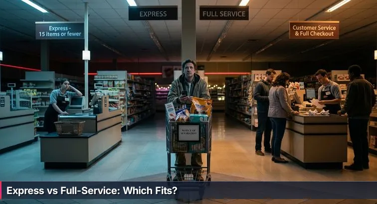A person at a grocery-style checkout choosing between an empty express lane and a busy full-service lane, holding a shopping cart and looking at a layoff notice on their phone.