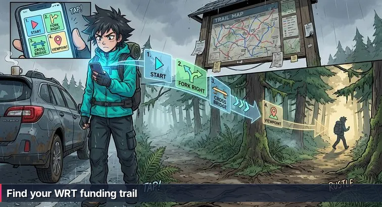 Person at a damp Washington trailhead holding a laptop and paperwork, standing next to a car with a coffee cup on the roof and a wooden trail map in the background.