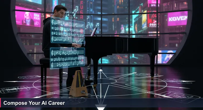 Hands poised over a piano keyboard with sheet music and a broken metronome, symbolizing the shift from AI theory to practical building in San Francisco.