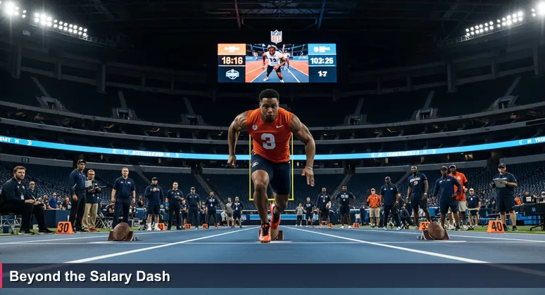 Athlete straining through 40-yard dash at NFL Combine with scouts timing and screen showing 4.39 seconds, symbolizing tech salary comparisons in San Francisco's high-stakes 2026 job scene.