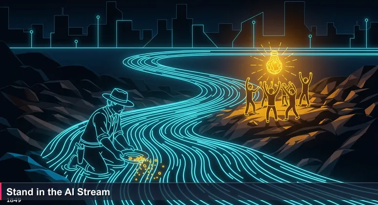 A gold prospector panning in a stream, symbolizing the focused effort needed for tech careers in San Francisco's 2026 AI boom.