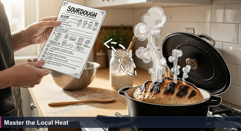 Hands in a San Francisco apartment kitchen holding a recipe card, with a charred Dutch oven in the foreground, symbolizing the gap between theory and practice in AI engineering.