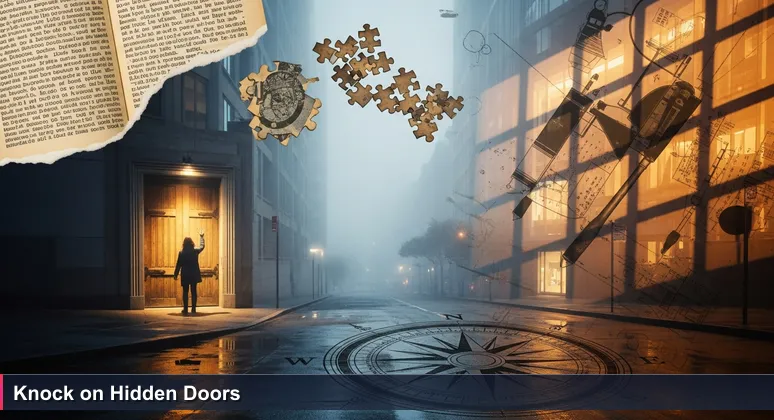 A person on a foggy San Francisco street hesitating to knock on a hidden wooden door, with warm light from inside symbolizing access to tech training funding opportunities.