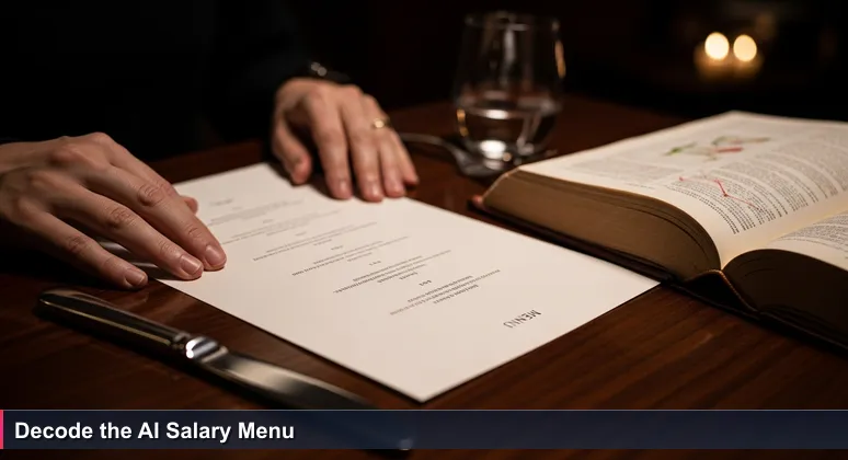 A diner's hands holding a restaurant menu with cryptic ingredient descriptions, with a confused expression reflected in a polished butter knife, symbolizing the complexity of AI salary data.