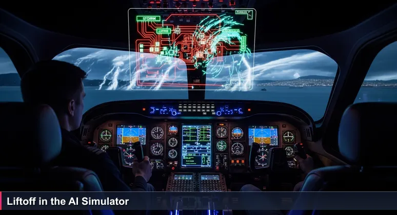 A focused pilot in a flight simulator cockpit at night, with glowing AI data streams on the instrument panel and the San Francisco Bay Bridge visible through the window, symbolizing AI networking events in 2026.