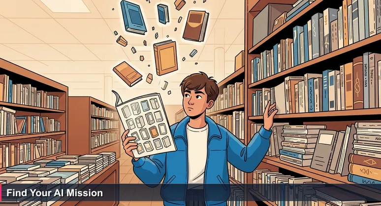 A person in a San Francisco bookstore holding a 'Top 10 AI Companies' list, gazing at shelves with unranked book spines symbolizing various AI engineering opportunities.