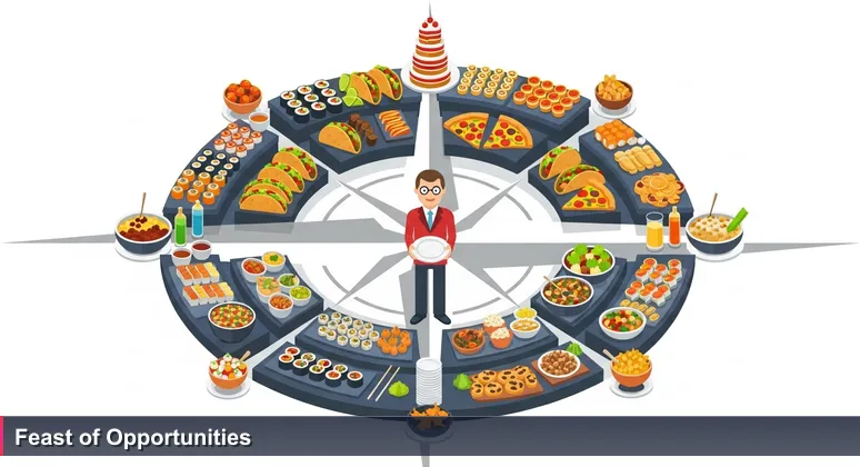 A high-angle view of a lavish buffet at a San Francisco tech conference, symbolizing the overwhelming cybersecurity job choices, with a person frozen holding an empty plate.