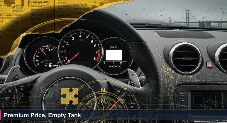 A high-performance sports car dashboard showing an empty fuel gauge, parked at a gas station with the Golden Gate Bridge visible in the foggy distance.